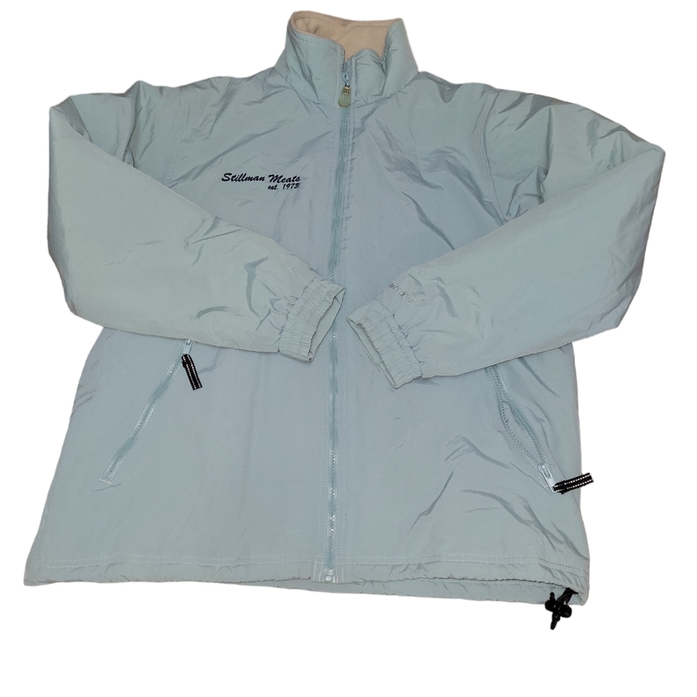 Woolrich nylon fleece line blue jacket Stillman Meats embroidery Med